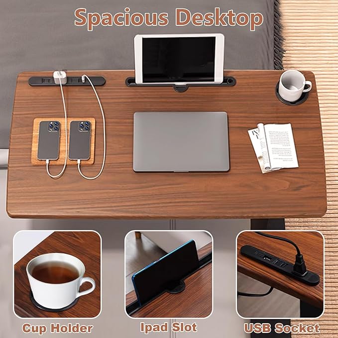 Overbed Bedside Table with Wheels Adjustable Height, Mobile Hospital Bed Table with USB Port, Rolling Standing Laptop Bed Table for Study, Office, Home, Walnut