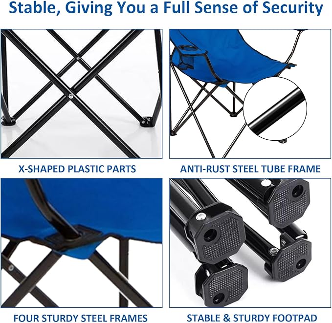 SAILARY Folding Camping Chair with Cup Holder, 225lbs Capacity, Portable Foldable Chair with Large Anti-Sink Feet, PE Coated Fabric for Outdoor, Beach, Fishing, Backpacking, Blue 2PCS