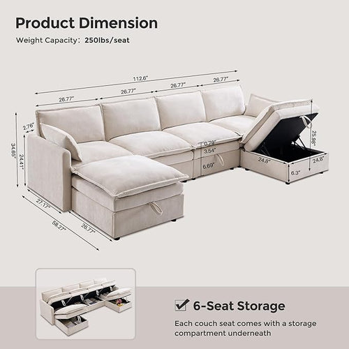 112.6" Sectional Couches for Living Room, Cloud Couch Sectional with Large Storage, U-Shape Modular Sectional Sofa with Ottoman, 6 Seater Chenille Sofa with Pillow for Apartment, Bedroom, Beige