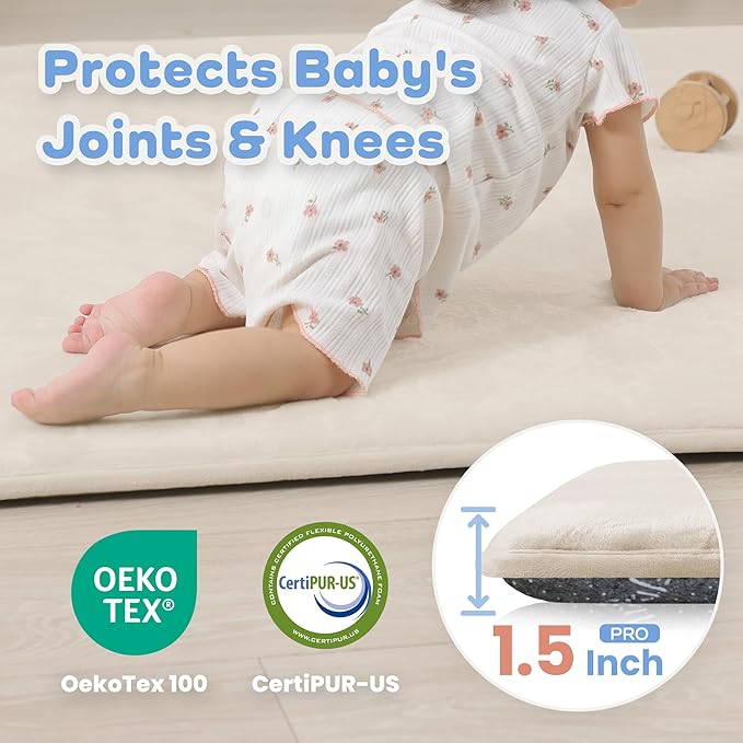 PaPaMat 1.5" Thick Baby Play Mat for Floor, 50x50 Playpen Mat, Pro Soft Flannel Foam Mats Toddler Infant Kids Crawling for Nursery Rug Playroom Living Room Waterproof Easy Care Non-Slip (Beige)