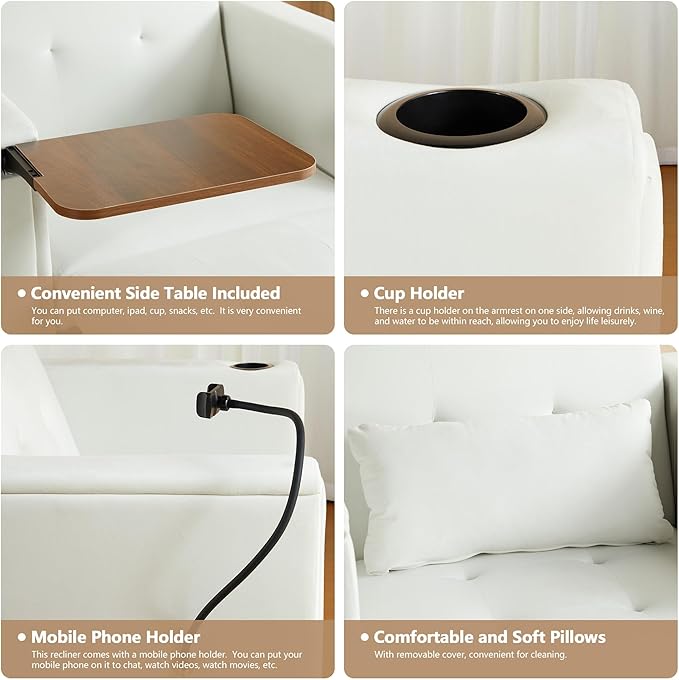 Velvet Convertible Chair Bed, 3 in 1 Multi-Functional Lounge Chair Sleeper, Pull Out Couch Guest Bed with Hidden Table and Adjustable Backrest for Living Room (White)