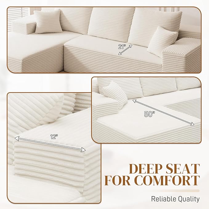 108" Boneless Cloud Sectional Couches for Living Room, Comfy Fluffy L Shaped Memory Foam Deep Seat Boneless Couch, Modular Sectional Sofa with Left Facing Chaise, White