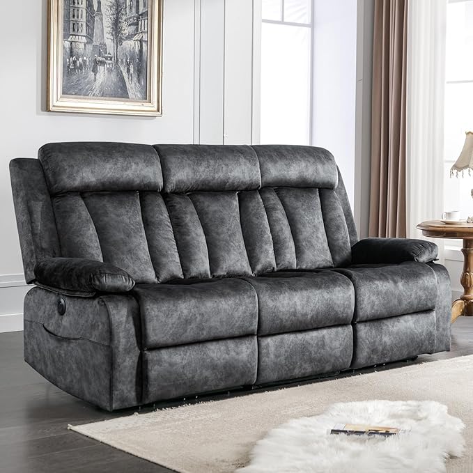 GUEAPY 3 Seater Power Reclining Sofa with Heat & Massage, Drop Down Table with Cup Holders, USB & Type-C Ports, Dutch Velvet Recliner Couch for Living Room, Home Theater & RV, Independent Controls