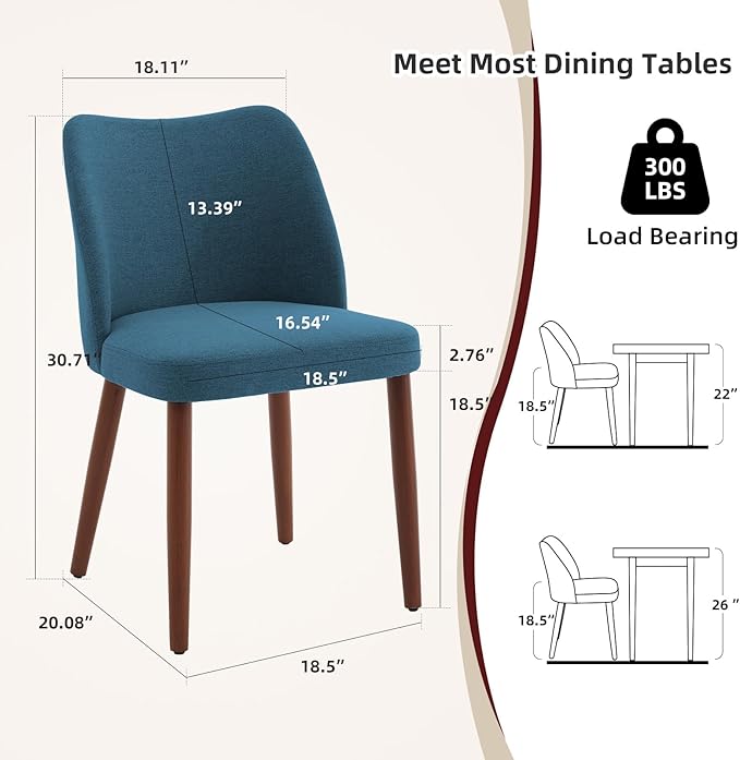 ElfinAura Dining Chair Set of 4, Linen Upholstered Dining Chair with Wood Legs, Wing Backrest, Wooden Kitchen Chair, Kitchen Chairs with Thick Cushions for Dining Room, Living Room, Blue