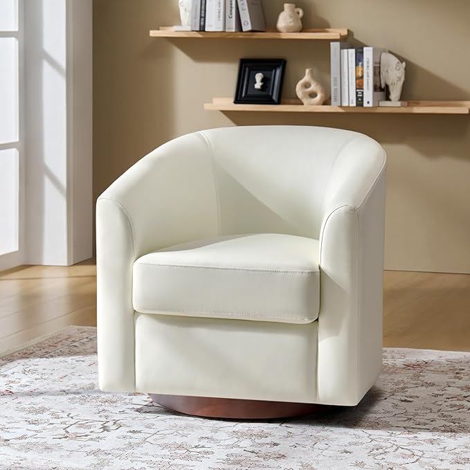 HULALA HOME Faux Leather Swivel Accent Chair with Solid Wood Base, Round Swivel Barrel Chair for Living Room and Bedroom, White