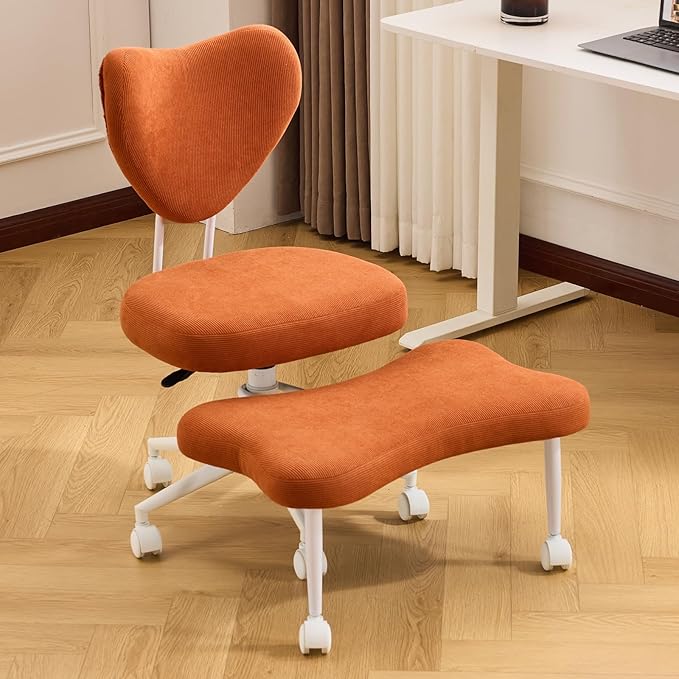 Sudwesto Ergonomic Cross Legged Chair, Corduroy 360° Upholstered Swivel Meditation Chair with Wheels, Comfy Criss Cross Desk Chair for ADHD with Height-Adjustable for Office (Orange - Corduroy)