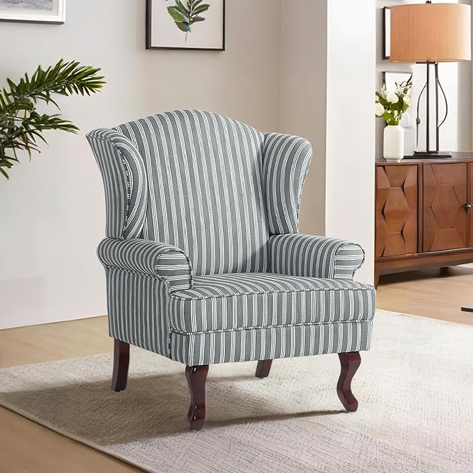 DREAMSIDEA Accent Chair, High Back Upholstered Armchair with High Resilience Sponge & Wood Legs, Mid-Century Modern Comfy Single Sofa Reading Chairs for Living Room, Bedroom (Stripe Grey, Set of 1)