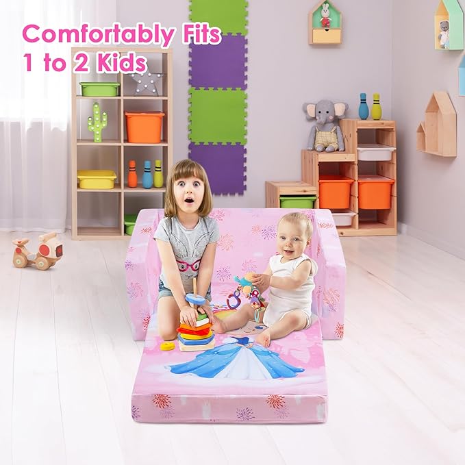 decalsweet Foldable Kids Sofas Couch 2 in 1 Children Convertible Sofa to Lounger Flip Open Toddlers Sofa Bed