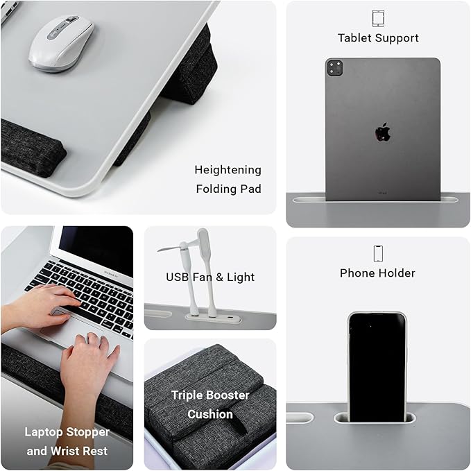 iXTRA Lap Desk for Laptop with Cushion,Folding Laptop Desk for Bed with USB,Bed Desk,Portable Computer Lap Desk,23.62"*15.74",Grey