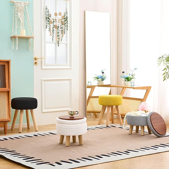 Wimarsbon Pouf Ottoman, 100% Cotton Knitted Boho Footstool, Round Footrest with Non-Skid Wood Legs, Home Décor Handmade Pouffe, Leisure Floor Step Stool for Living Room (Long Leg - Black)