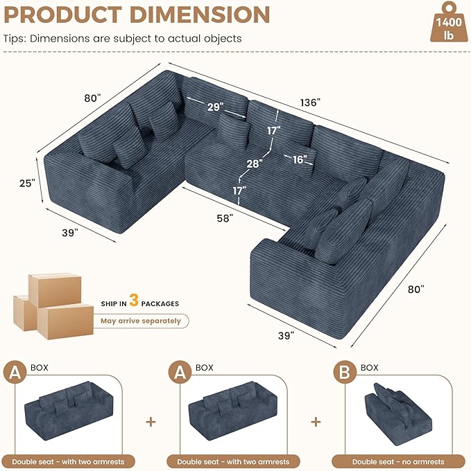 136'' Large Sectional Cloud Couches with Chaise, U Shaped Boneless Loveseat Sofa, No Assembly Required Deep Seat Modular Lounge for Living Room 3PCS Set, Bedroom(Grey)
