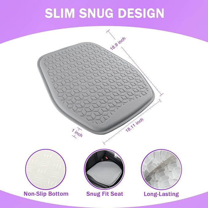 Binsheo Thin Gel Seat Cushion for Car Seat, Office Chair, Wheelchair, Golf Cart - Non-Slip Car Seat Cushions with 0.7 Inch Gel - Sciatica & Coccyx Pain Relief (Fabric, Grey)