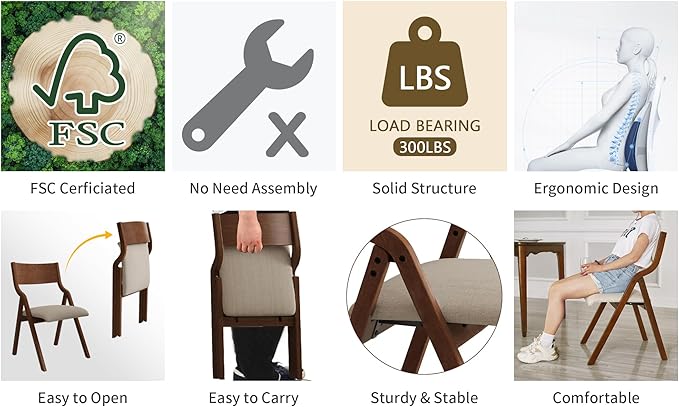 Ball & Cast Padded Folding Chairs 2 Pack,Solid Wood Frame Foldable Dining Chair,18" Seat Height,Space Saving,Easy to Carry Suitable for Kitchen, Bedroom, Light Grey