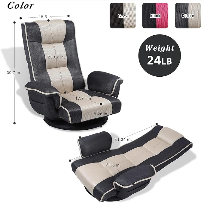 Linen Fabric Ergonomic Gaming Chair, 6-Position Reclining Sofa Bed with Lumbar Support, Foldable Floor Lounger with Thick Cushion, Armrests & Side Pockets for Esports, Reading, Napping (Grey + Beige)