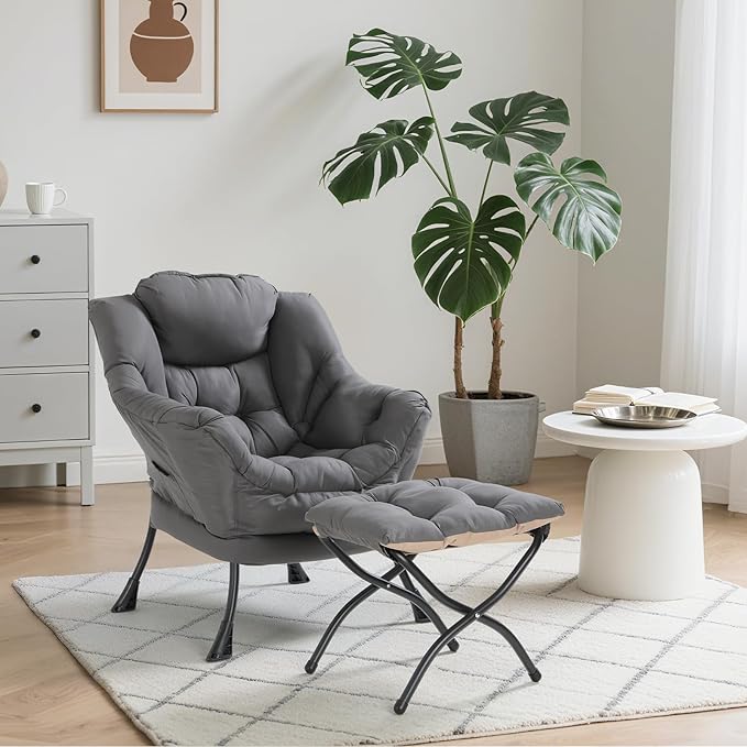 TLSUNNY Lazy Chair with Foldable Ottoman, Modern Comfy Lounge Chair, Large Sofa Armchair with Footrest and a Side Pocket, Reading Chair with Footstool for Bedroom, Living Room, Dorm (Dark Grey)