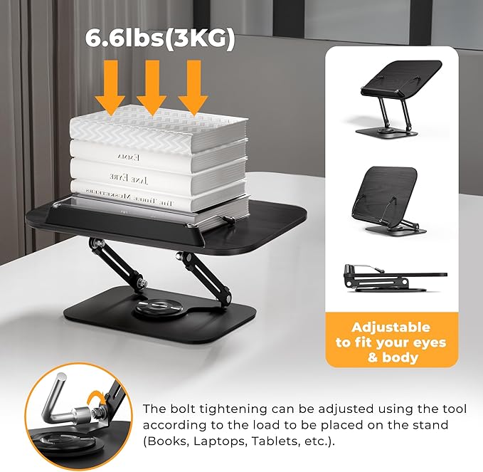 SupeDesk Book Stand for Reading, Adjustable Book Holder with 360° Rotating Bases, Foldable Designs, and Elastic Clips, Multifunctional Display Stand for Recipe, Cookbooks, Magazines, Tablets (Black)