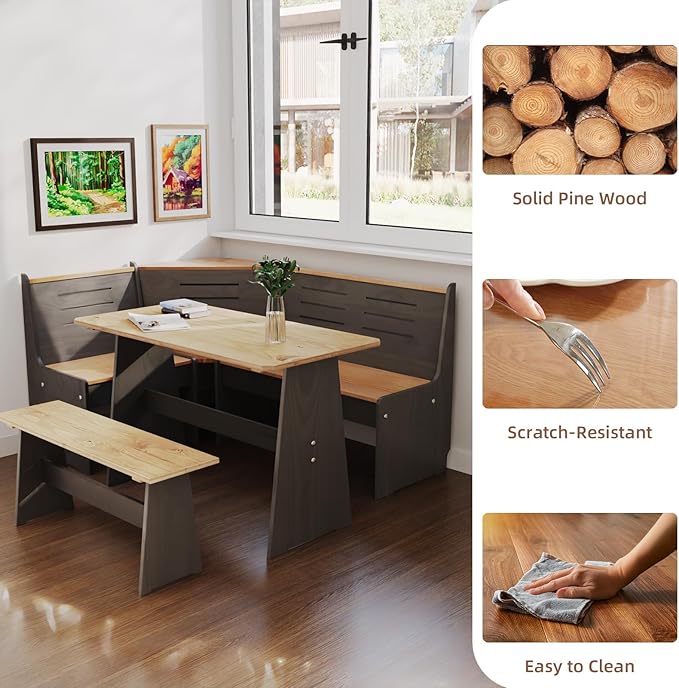 Breakfast Nook Table Set for Kitchen - Bench Seating for Dining Room with Space Saving Solid Wood L Shaped Corner Dining Table Set Apartment for 4 to 6 People - Black