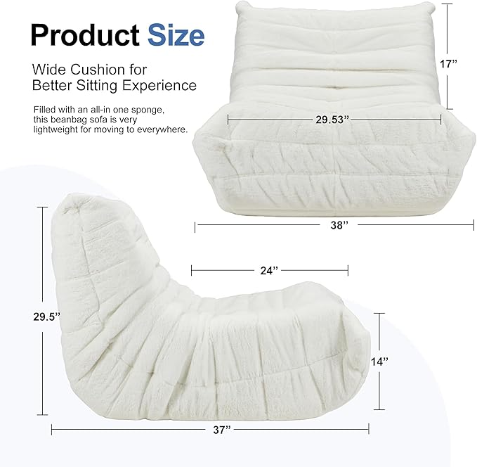 Bean Bag Chairs for Adults Giant Bean Bag Chair Memory Foam BeanBag Chair Bean Bag Sofa with Filler Faux Fur Fireside Beanbags Lazy Sofa for Living Room Bedroom Office (White Plush, Single)