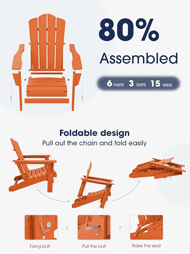 KINGYES Folding Adirondack Chair Set of 6, HDPE All-Weather Folding Adirondack Chair, Orange