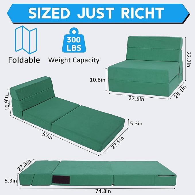 Folding Sofa Bed with Backrest 4 in 1 Convertible Sleeper Chair Memory Foam Fold Out Chair Bed Foldable Mattress Portable Floor Futon Sofa Couch for Living Room/Dorm/Guest Room/Home Office