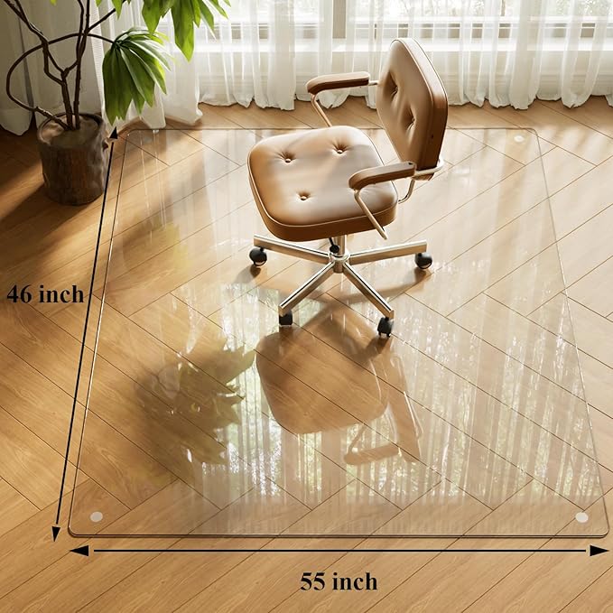 VETROUVE Chair Mat for Carpet 46" x 55" Tempered Glass Floor Mat on Carpet or Hard Floor with 4 Anti-Slip Pads, 1/5" Thick