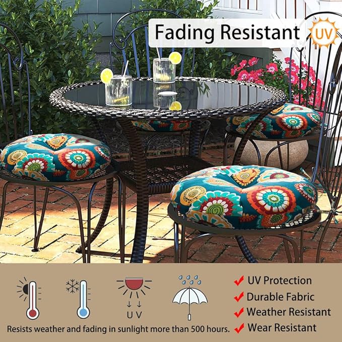 Magpie Fabrics Outdoor Round Bistro Seat Cushions with Ties, 15"x15"x4" Set of 2, Tufted Waterproof Barstool Chair Pads for Patio Home Garden Office, Floral Green