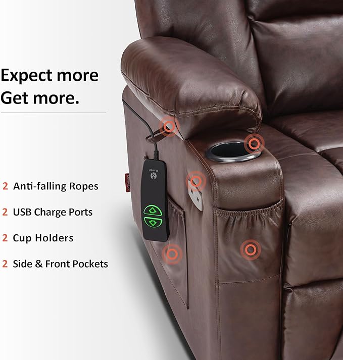 MCombo Power Lift Recliner Chair for Elderly, Lift Chair with Heat and Massage, USB Ports, Cup Holders, Faux Leather 7519 (Medium, Dark Brown)