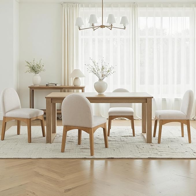 HNY Mid Century Modern Dining Chairs Set of 2, Linen Fabric Upholstered Dining Room Chairs Armless Kitchen Chairs with Solid Rubberwood Legs, Accent Side Chairs for Living Room, Beige