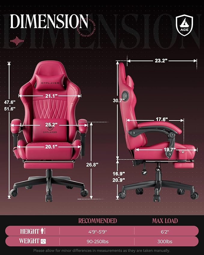GTPLAYER Gaming Chair with Speakers, Video Game Chairs with Footrest, PC Gamer Chairs for Adults - Padded High Back Ergonomic Reclining Silla Gamer, Linkage Armrest, Ace Pro, Wine Red New
