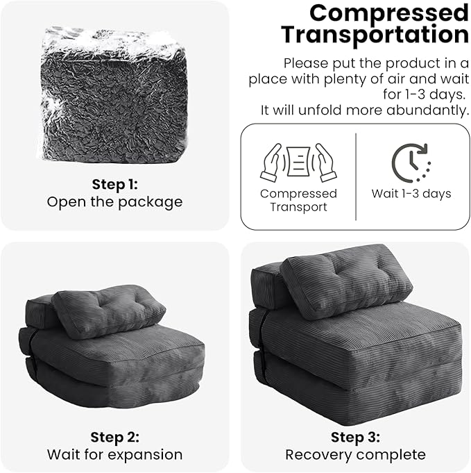 tantohom Folding Sofa Bed, Convertible Sleeper Chair with Pillow Foldable Mattress with Back Support,Space-Saving Sofa for Living Room,Bedroom (Dark Gray)