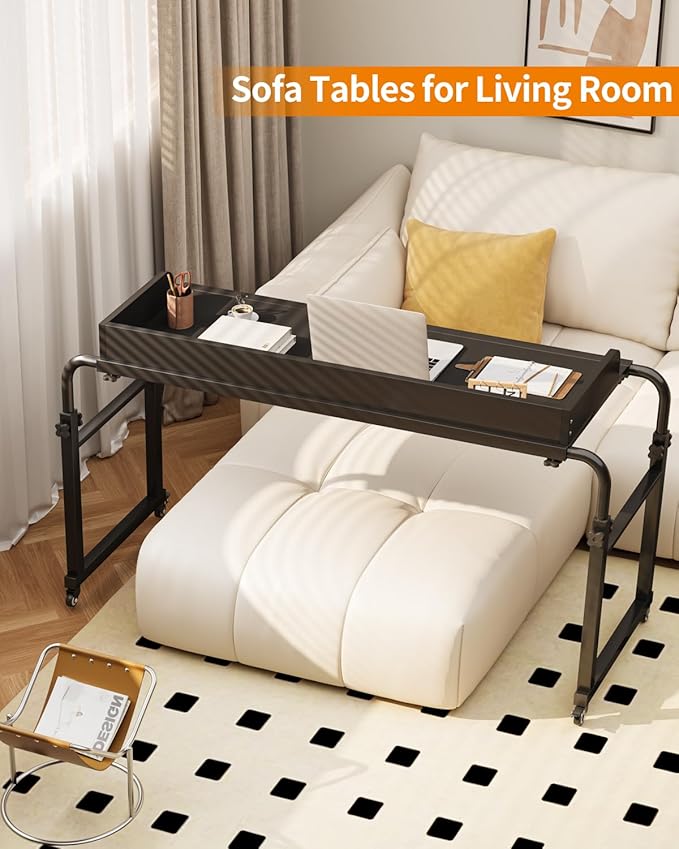 Saifu Overbed Table with Wheels,Adjustable Height & Length Laptop Desk for Bed,King & Queen Size Beds Bed Table,Rolling Standing Desk,Over Bed Table for Working Reading Eating,Black