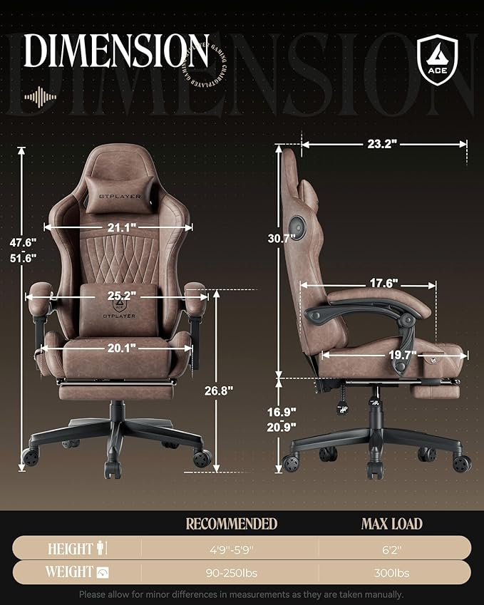 GTPLAYER Gaming Chair with Speakers, Video Game Chairs with Footrest, PC Gamer Chairs for Adults - Padded High Back Ergonomic Reclining Silla Gamer, Linkage Armrest, Ace Pro, Light Brown