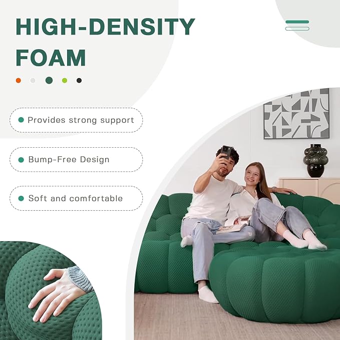 WJShome Modular Sectional Sofa,Bubble Couch,Comfy Curved Couch Living Room Sets,Modern Upholstered Bean Bag Sofa Mesh Fabric Lazy Floor Chair Living Roon Sets (Green, 3 Seater+Ottoman)