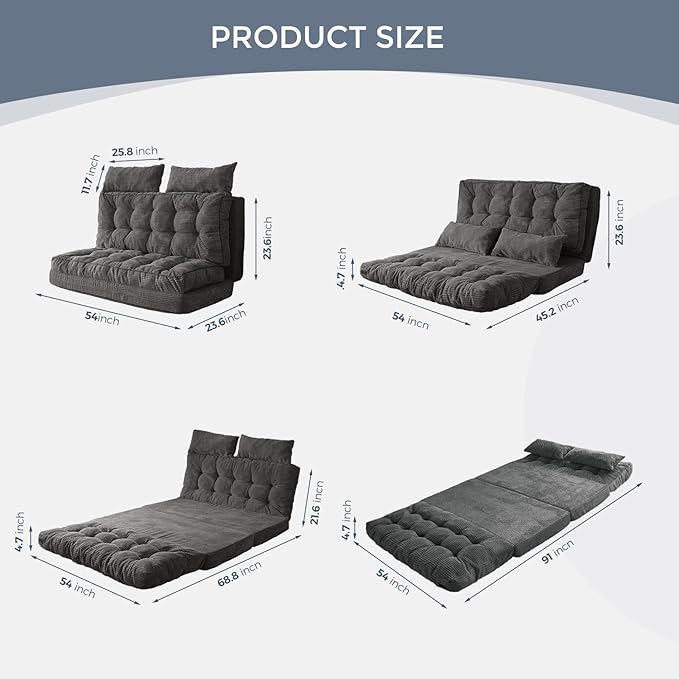 MAXYOYO Bean Bag Bed Tufted Folding Sofa Bed with Pillows Floor Mattress for Adults, Extra Thick and Long Floor Sofa, Full Couch for Bedroom Living Room, Dark Grey, 54x91 Inch