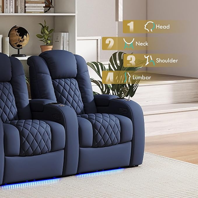 Weilianda Home Theater Seating Top Grain Leather Zero Gravity Recliner Chair Power Headrest Recline Movie Seat Gaming 7 Colors Mood Light Sofa with Tray Table USB Charge Row of 1 Blue