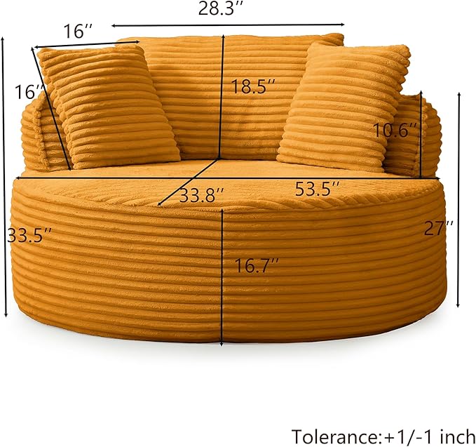53"W Oversized Round Chaise Longue Chair Indoor,Corduroy Fluffy Comfy Cloud Chair,Circle Bean Bag Sofa with Foam Filling & Pillows,Boneless Reading Cozy Sofa Chairs for Living Room,Bedroom,Yellow