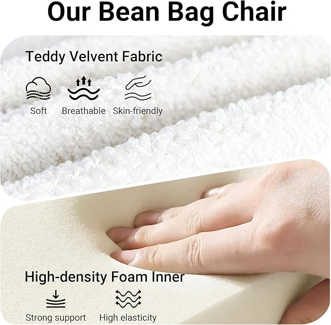 Giant Bean Bag Chair for Adults, Fireside Beanbag for Living Room with Memory Foam Filled, Lazy Floor Sofa Lounge Armless Chair for Gaming Reading Relaxing, No Assembly Required White