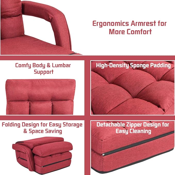 Giantex Folding Floor Chair with 6-Position Adjustable Backrest, Armrests & Removable Pillow, 330Lbs Capacity, Lazy Sofa Armchair, Chaise Lounge Bed, Gaming Recliner for Living Room Bedroom, Red