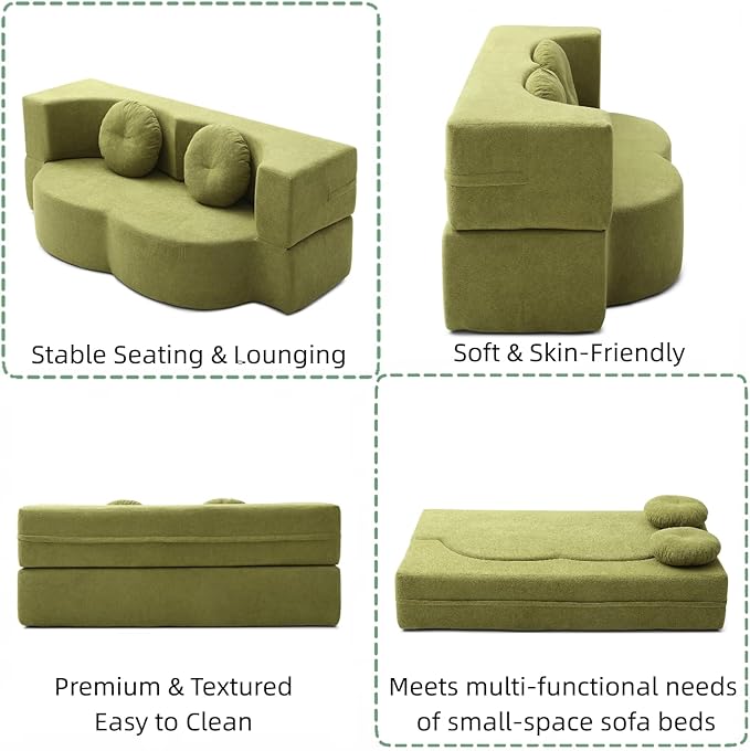 76" Convertible Folding Sofa Bed, 2-in-1 Twin Size Loveseat Sleeper Couch Bed with Two Pillows, Foldable Space-Saving | Design for Dorms Apartments Bedroom& Living Room,No Assemble(Green)