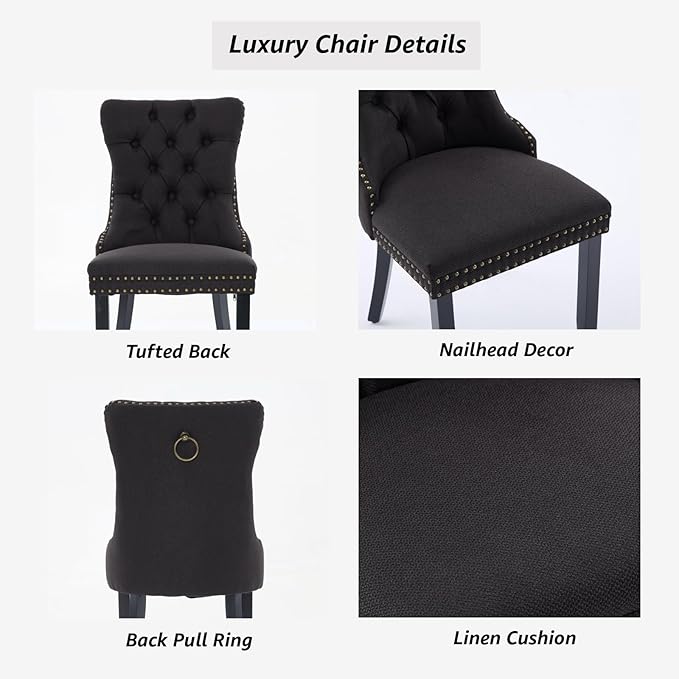 YeahFurn Black Mid Century Modern Dining Chairs Set of 8, Linen Upholstered Kitchen & Dining Room Chairs with Nailhead Trim & Solid Wood Legs, Elegant Sillas De Comedor (Black, 8 Pcs)