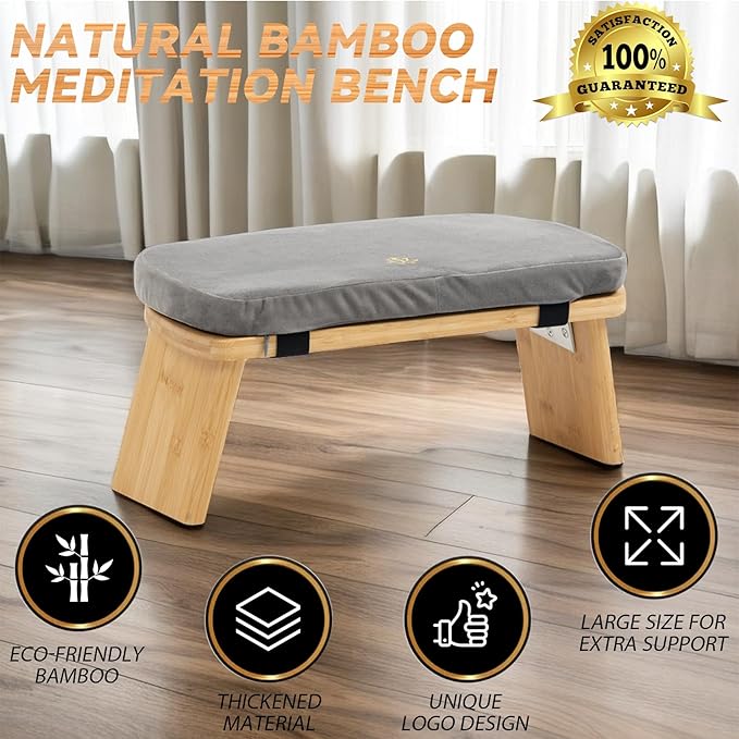 Estleys Meditation Bench, Bamboo Meditation Stool, Folding Kneeling Meditation Bench, Seiza Prayer Bench, Prayer Bench with Meditation Cushion, Kneeling Stool (Grey)