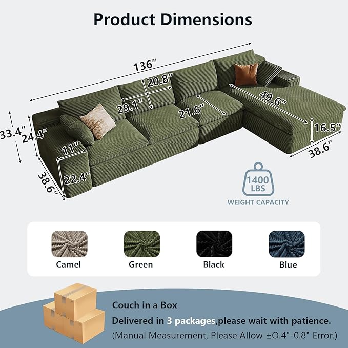 136" Cloud Sectional Couch with L-Shape Chaise, Modern Corduroy Viral Boneless Sofa for Living Room,Memory Foam Couches in a Box with Deep Seat,No Assembly Required (Green,Right-Facing Chaise)