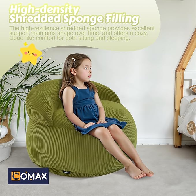COMAX Bean Bag Chair for Kids, Convertible Toddler Beanbag Bed Corduroy, Children Bean Chair Stuffed to Floor Mattress with Filler, Light Green