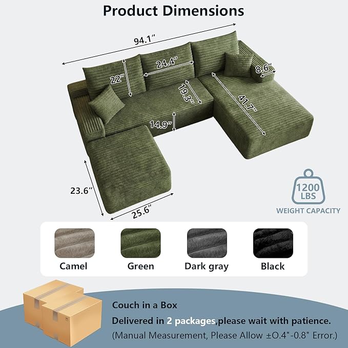 95" Cloud Sectional Couch with Ottoman,Modern U-Shaped Cloud Couch with Deep Seat,Comfy Corduroy 3-Seater Sofa,Memory Foam Sofa for Living Room,No Assembly (Green,Right-Facing Chaise)