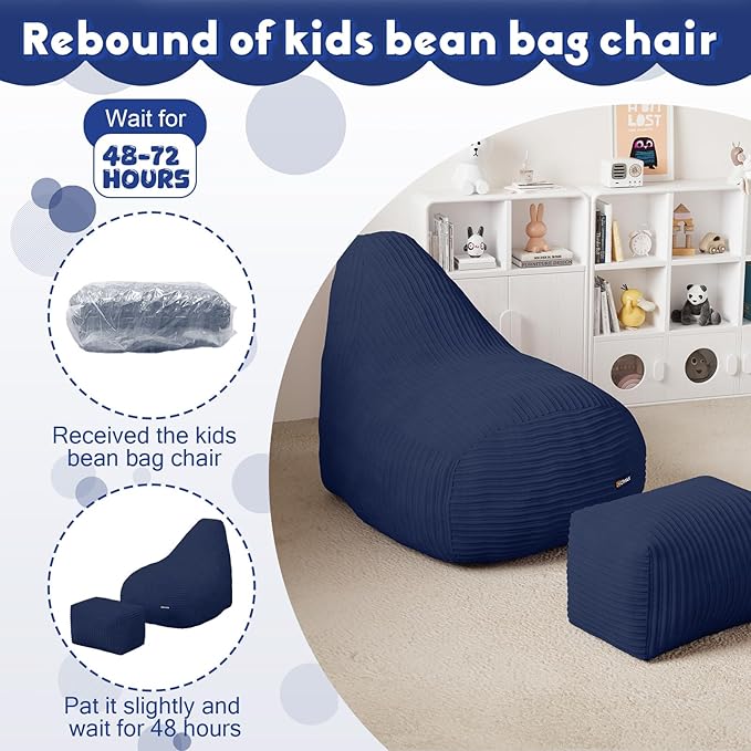 COMAX Kids Bean Bag Chair, Toddler Beanbag Chairs for Kids with Ottoman for Boys and Girls, Corduroy Couch Lounge with Filler Included, Floor Children Sofa Comfy for Reading and Classroom, Navy