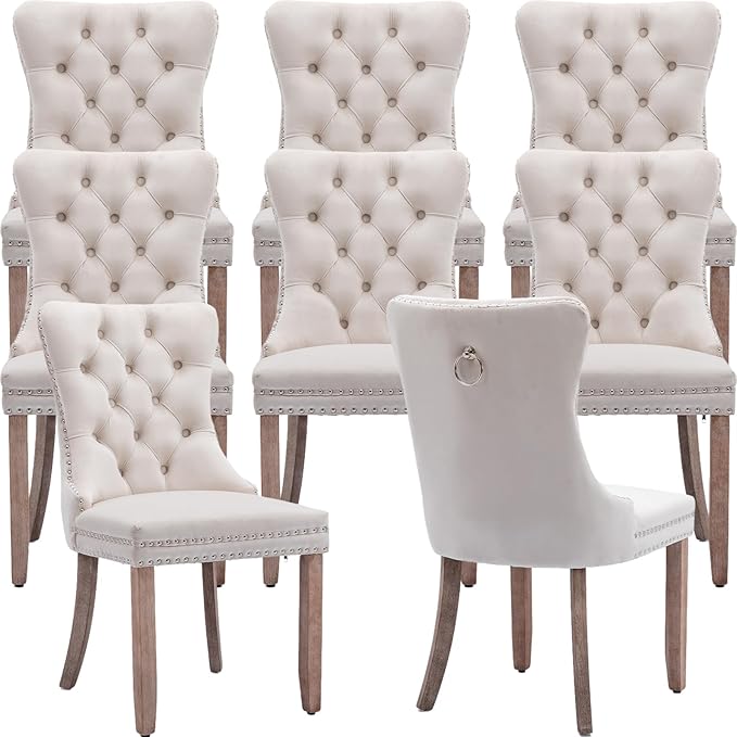 YeahFurn Beige Mid Century Modern Dining Chairs Set of 8, Velvet Upholstered Kitchen & Dining Room Chairs with Nailhead Trim & Solid Wood Legs, Elegant Sillas De Comedor (Beige, 8 Pcs)