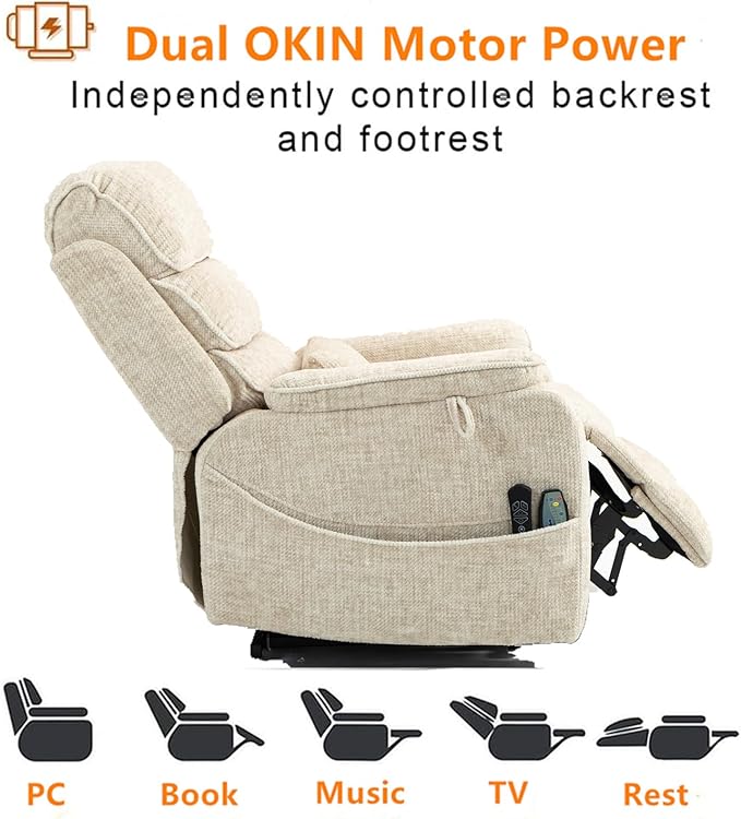 Cream Recliner Chair for Elderly | Tall and Big Man 400lbs | Velvet | Power Lift, Lay Flat, Stand Up, Wireless Charging Device, Extended Footrest, Massage Heat, Cup Holder, Lumbar Pillow