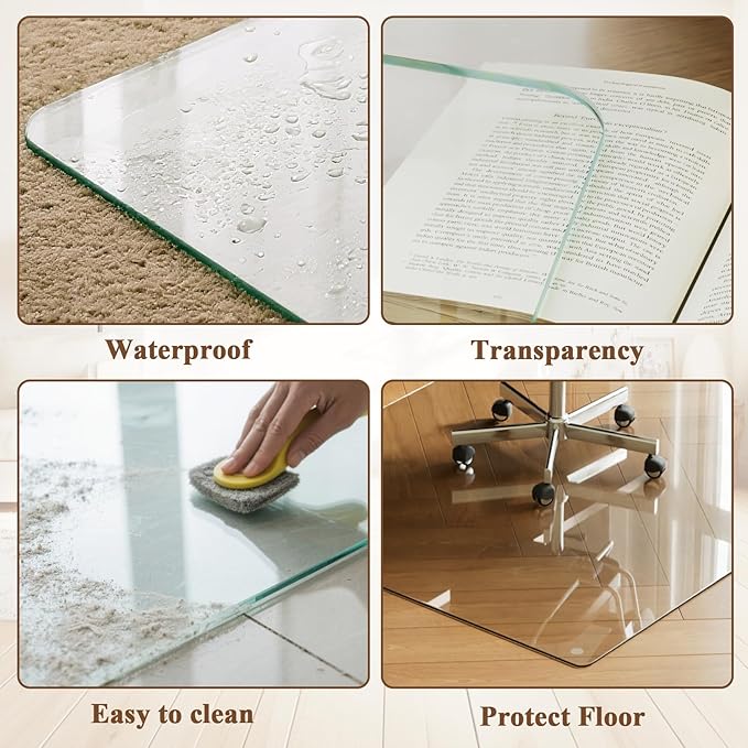 VETROUVE Tempered Glass Floor Mat 36" x 46" Chair Mat for Carpet or Hard Floor with 4 Anti-Slip Pads, 1/5" Thick