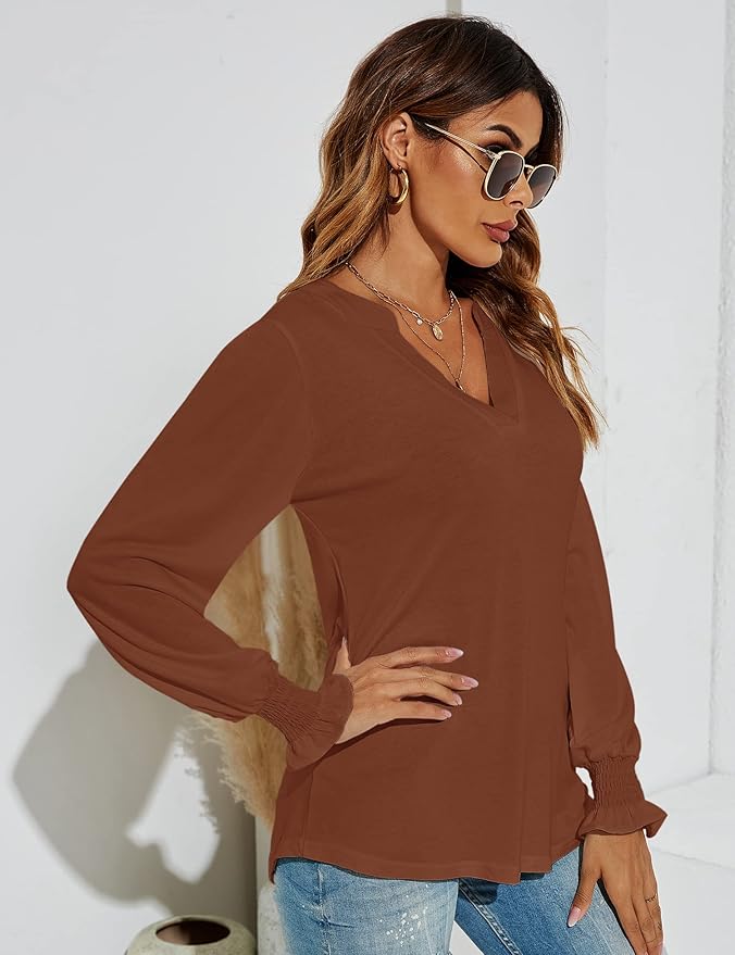 Romanstii Women's Casual V-Neck T-Shirts Loose Puff Long Sleeve Tops Tunic Blouses
