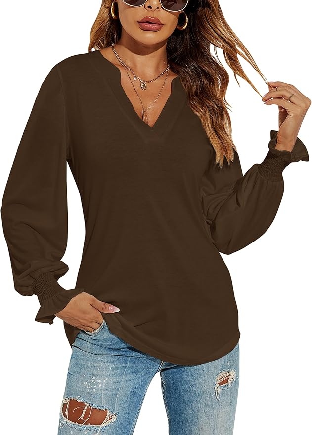 Romanstii Women's Casual V-Neck T-Shirts Loose Puff Long Sleeve Tops Tunic Blouses